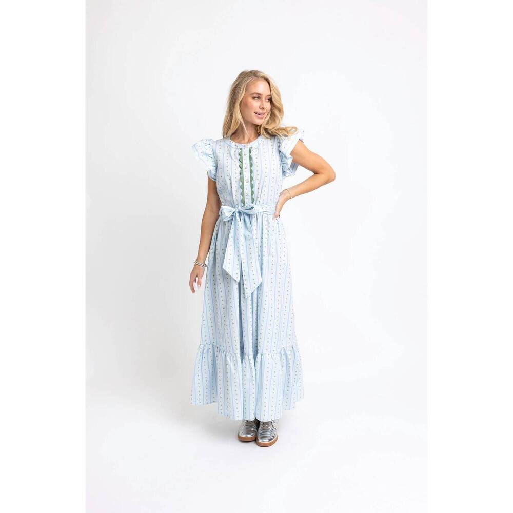 Karlie Light Blue Eyelet Maxi Dress with Green Trim and Waist Tie